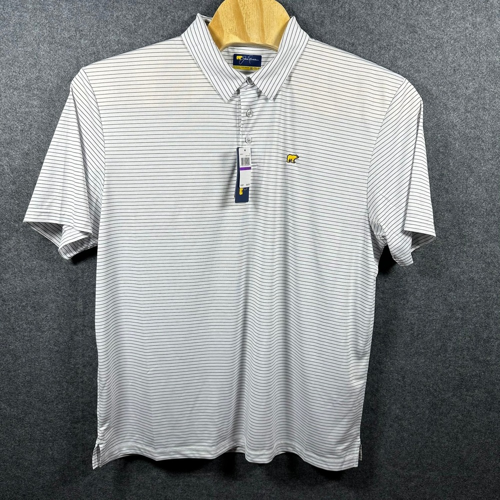 Jack Nicklaus Mens XXL Pinstripe Golf Polo White Shirt Golden Bear Logo‎